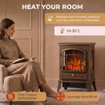 Electric Fireplace Stove, 1000/2000W 3-Sided Freestanding Fireplace Heater with 3D Flame Log, Thermostat, Brown