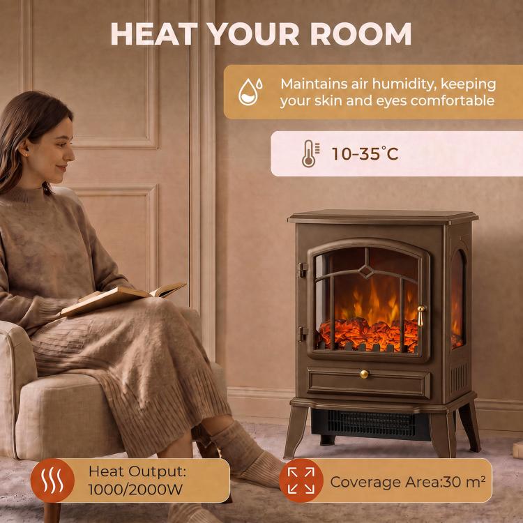 Electric Fireplace Stove, 1000/2000W 3-Sided Freestanding Fireplace Heater with 3D Flame Log, Thermostat, Brown