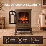 Electric Fireplace Stove, 1000/2000W 3-Sided Freestanding Fireplace Heater with 3D Flame Log, Thermostat, Brown