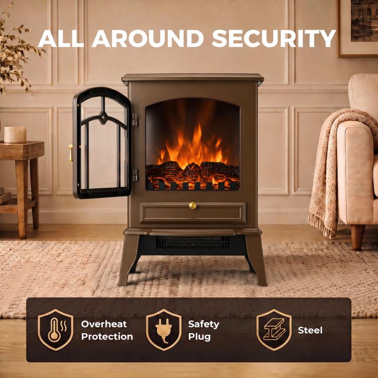 Electric Fireplace Stove, 1000/2000W 3-Sided Freestanding Fireplace Heater with 3D Flame Log, Thermostat, Brown