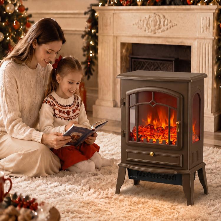 Electric Fireplace Stove, 1000/2000W 3-Sided Freestanding Fireplace Heater with 3D Flame Log, Thermostat, Brown