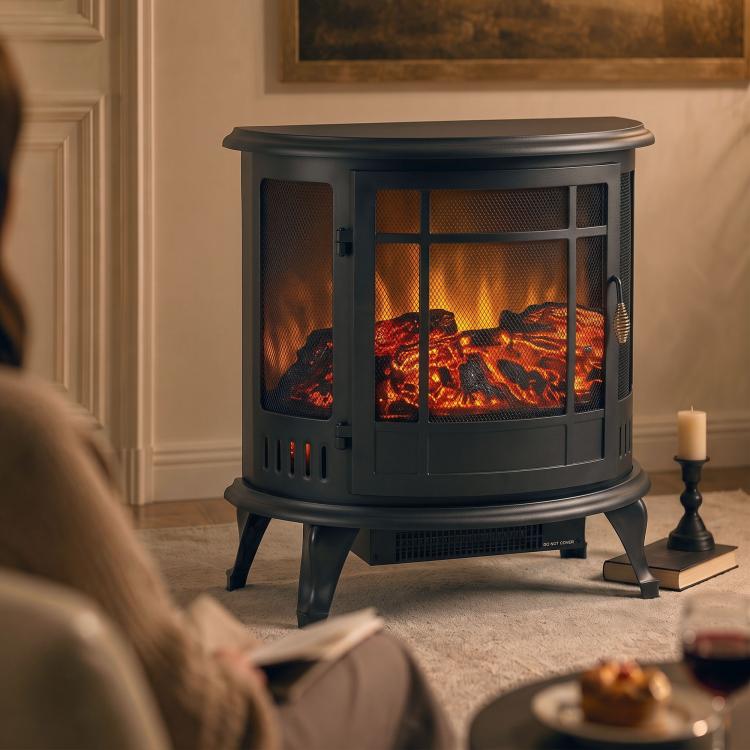 Electric Fireplace Stove, Freestanding Electric Fire Heater with Realistic LED Flame, 2000W, Black