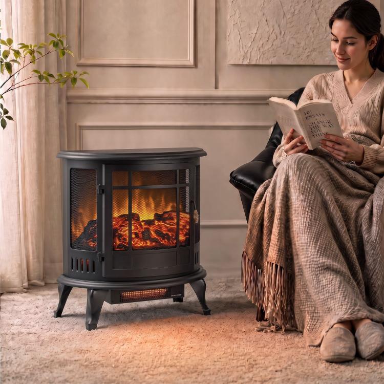 Electric Fireplace Stove, Freestanding Electric Fire Heater with Realistic LED Flame, 2000W, Black