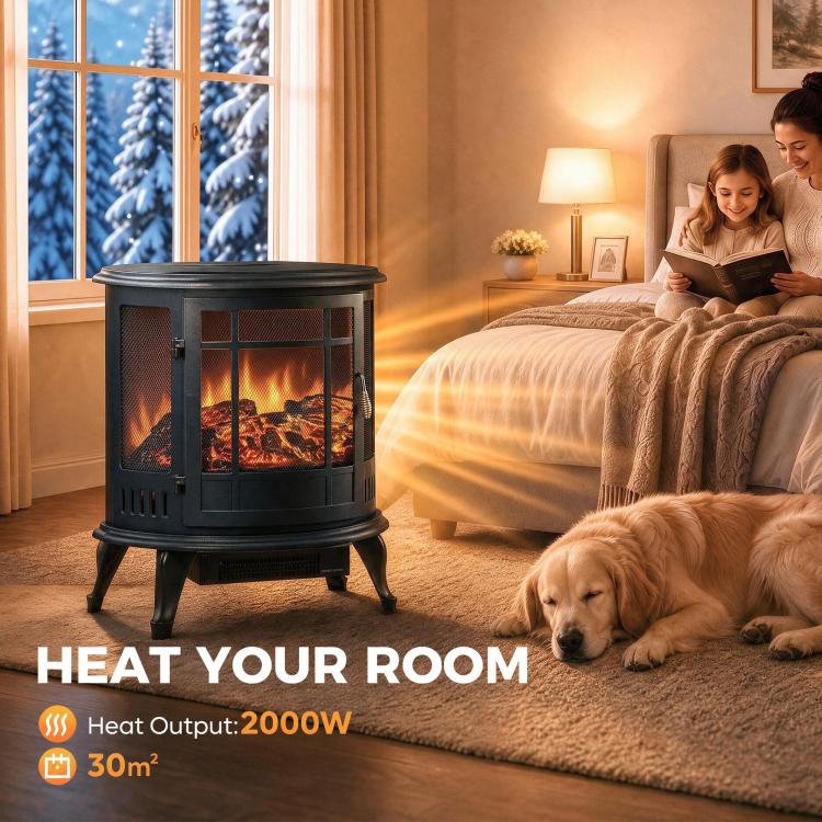 Electric Fireplace Stove, Freestanding Electric Fire Heater with Realistic LED Flame, 2000W, Black