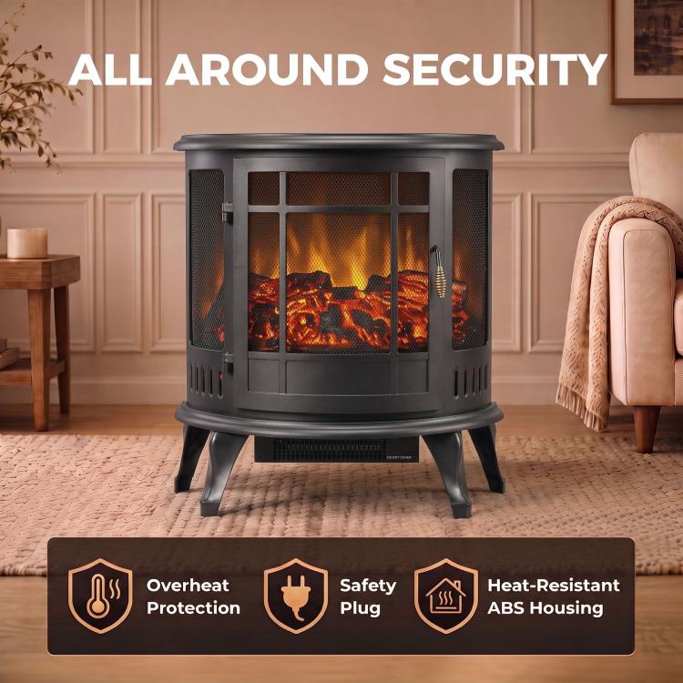 Electric Fireplace Stove, Freestanding Electric Fire Heater with Realistic LED Flame, 2000W, Black