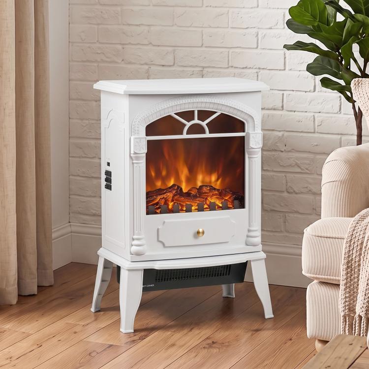 Freestanding Portable Fireplace, Electric Fireplace Stove Heater with 3D Flame Effect and Adjustable Thermostat, White