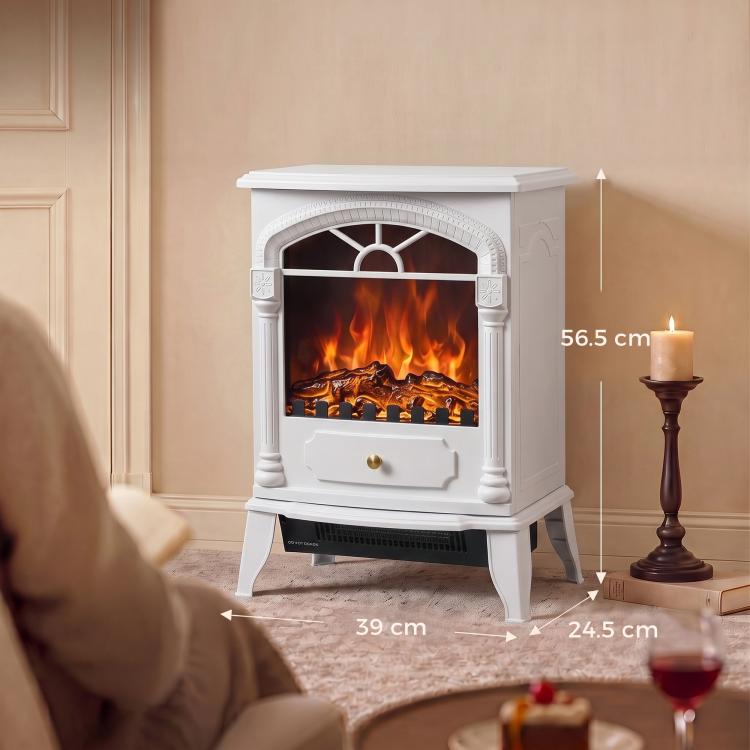 Freestanding Portable Fireplace, Electric Fireplace Stove Heater with 3D Flame Effect and Adjustable Thermostat, White