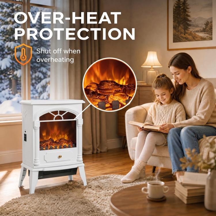 Freestanding Portable Fireplace, Electric Fireplace Stove Heater with 3D Flame Effect and Adjustable Thermostat, White