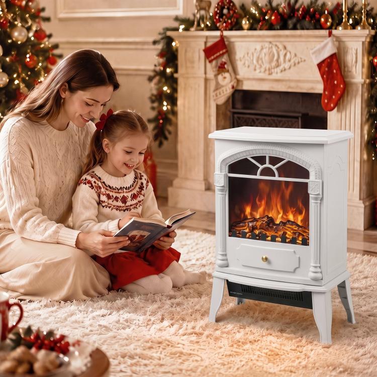 Freestanding Portable Fireplace, Electric Fireplace Stove Heater with 3D Flame Effect and Adjustable Thermostat, White