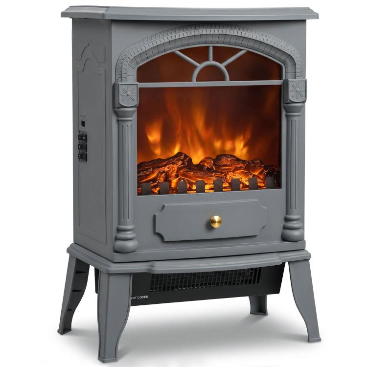 Freestanding Portable Fireplace, Electric Fireplace Stove Heater with 3D Flame Effect and Adjustable Thermostat, Grey