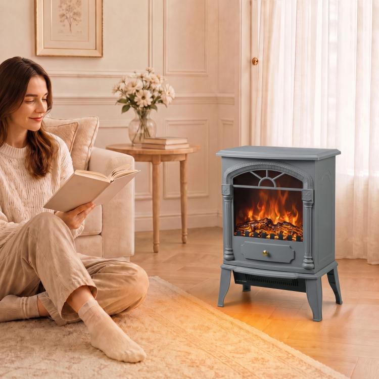 Freestanding Portable Fireplace, Electric Fireplace Stove Heater with 3D Flame Effect and Adjustable Thermostat, Grey
