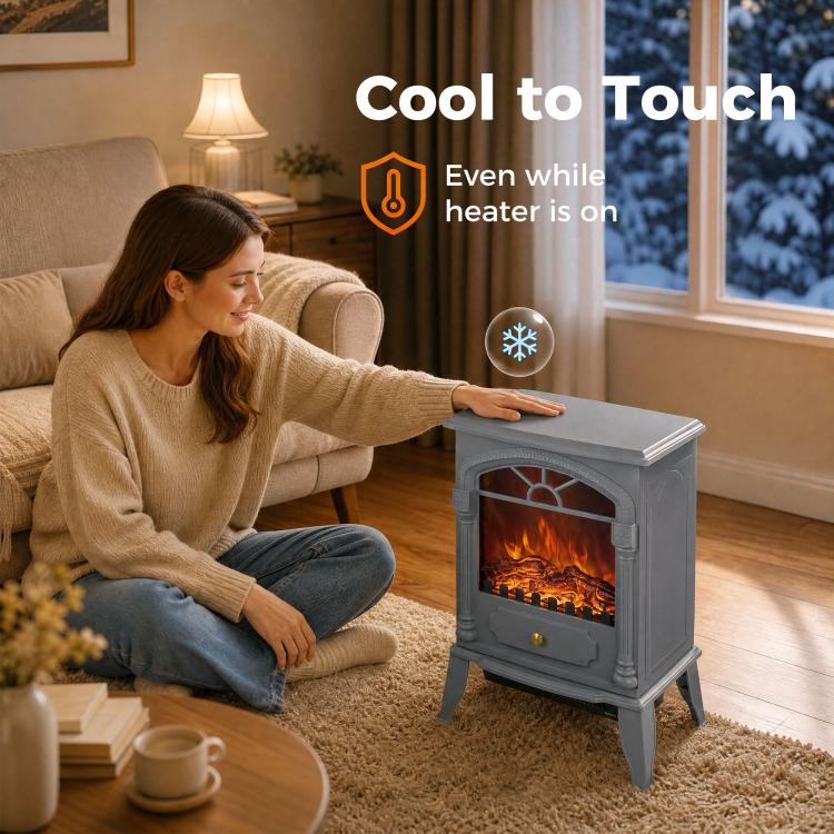 Freestanding Portable Fireplace, Electric Fireplace Stove Heater with 3D Flame Effect and Adjustable Thermostat, Grey