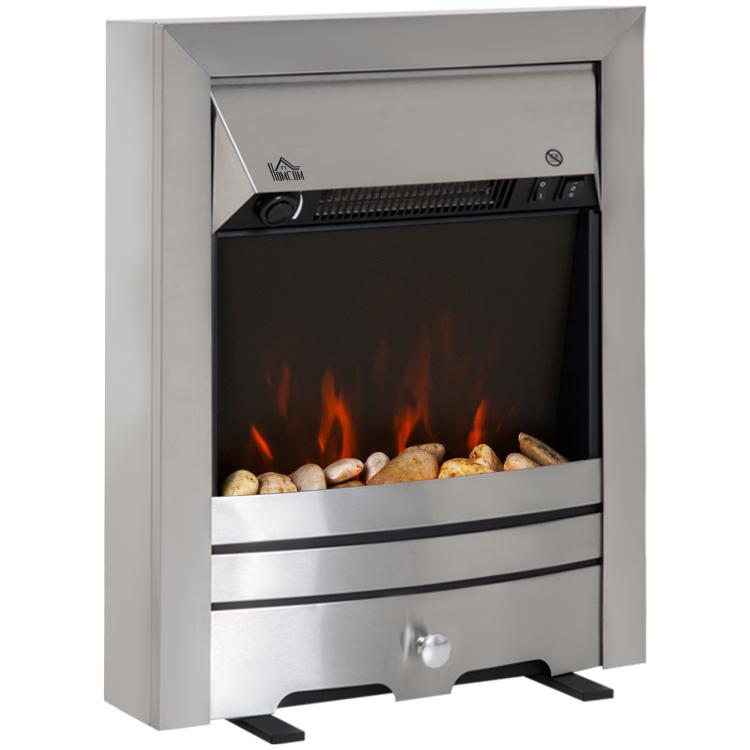 2KW Stainless Steel Electric Fireplace Pebble Burning Effect Heater Fire Flame Indoor Stove LED Lighting