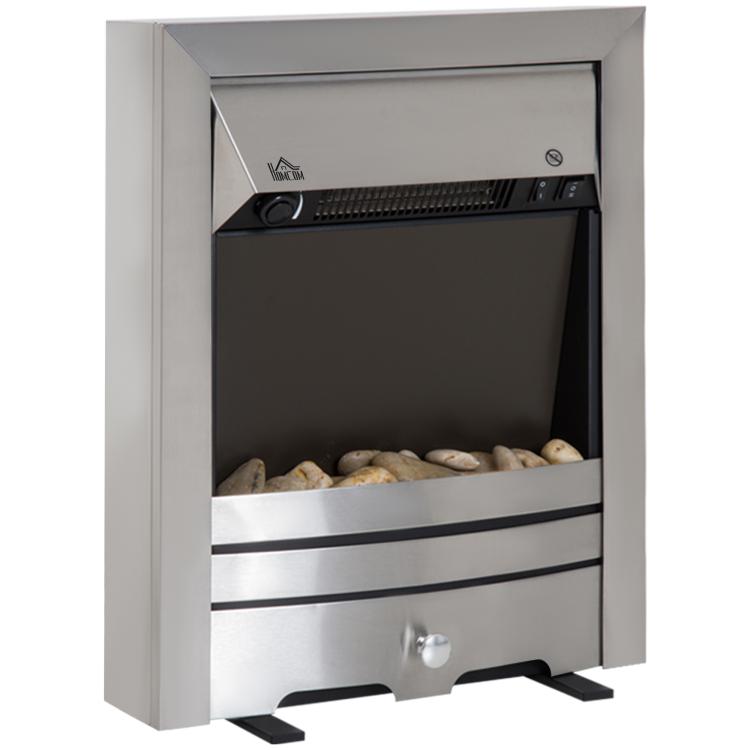 2KW Stainless Steel Electric Fireplace Pebble Burning Effect Heater Fire Flame Indoor Stove LED Lighting