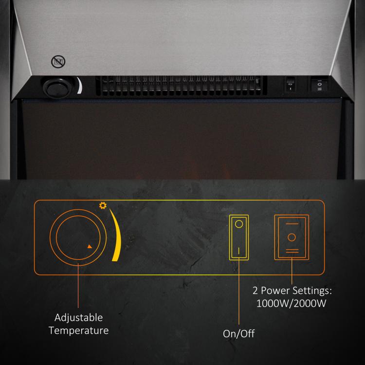 2KW Stainless Steel Electric Fireplace Pebble Burning Effect Heater Fire Flame Indoor Stove LED Lighting