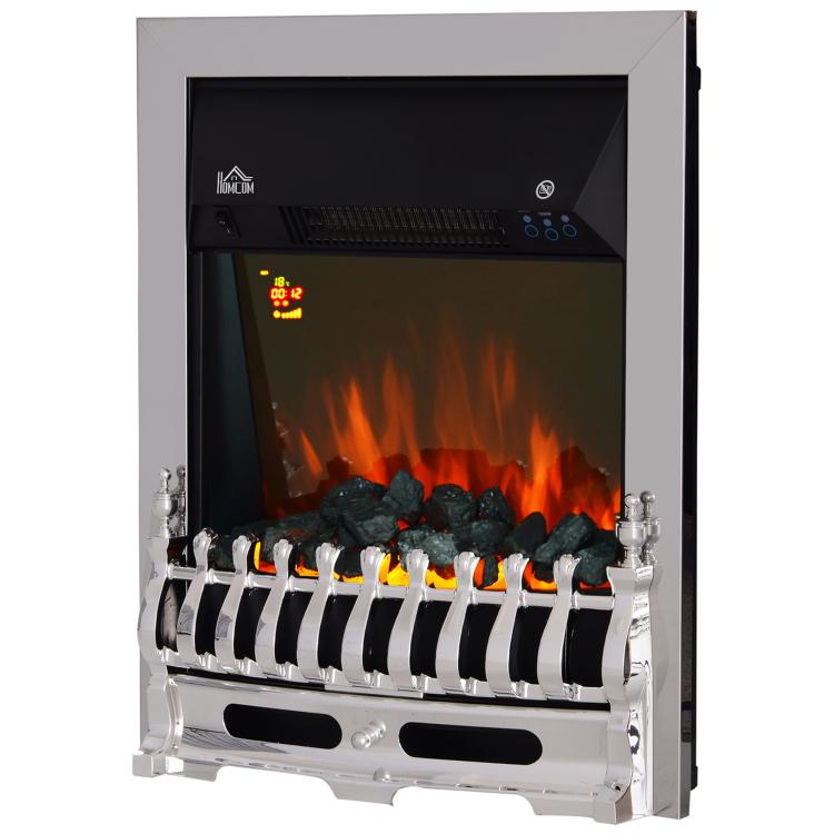 Contemporary Electric Fireplace Coal Burning Flame Effect Inset Fire Place Space Heater Glass View LED Lighting with Remote Control, 1000W/2000W, Silver