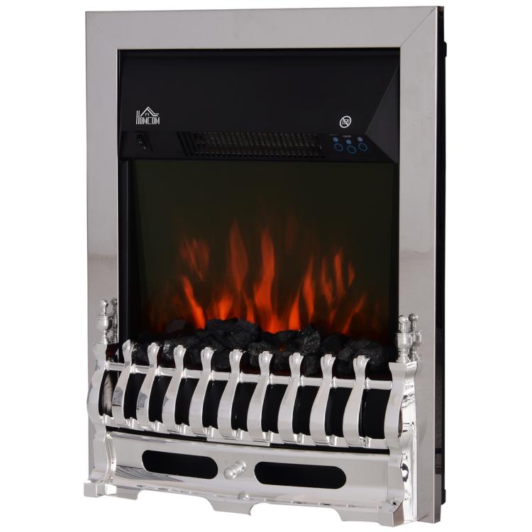 Contemporary Electric Fireplace Coal Burning Flame Effect Inset Fire Place Space Heater Glass View LED Lighting with Remote Control, 1000W/2000W, Silver