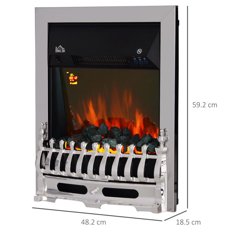 Contemporary Electric Fireplace Coal Burning Flame Effect Inset Fire Place Space Heater Glass View LED Lighting with Remote Control, 1000W/2000W, Silver