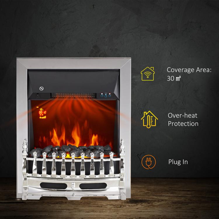 Contemporary Electric Fireplace Coal Burning Flame Effect Inset Fire Place Space Heater Glass View LED Lighting with Remote Control, 1000W/2000W, Silver