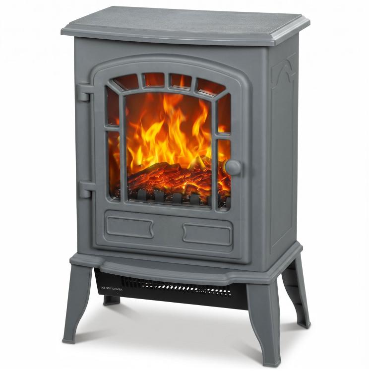 Electric Fireplace Stove, 1000W/2000W, Freestanding Electric Fire with LED Flame Effect, Adjustable Thermostat, Grey