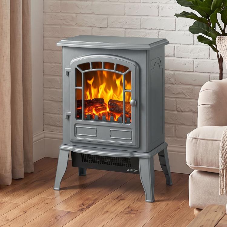 Electric Fireplace Stove, 1000W/2000W, Freestanding Electric Fire with LED Flame Effect, Adjustable Thermostat, Grey