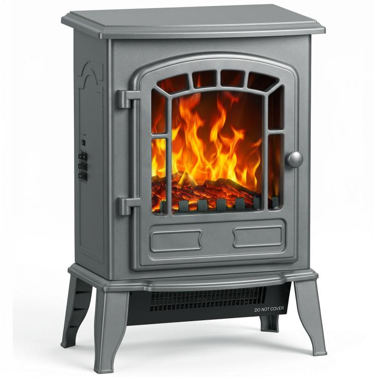 Electric Fireplace Stove, 1000W/2000W, Freestanding Electric Fire with LED Flame Effect, Adjustable Thermostat, Grey