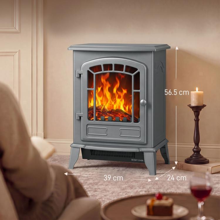 Electric Fireplace Stove, 1000W/2000W, Freestanding Electric Fire with LED Flame Effect, Adjustable Thermostat, Grey