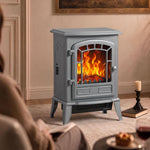 Electric Fireplace Stove, 1000W/2000W, Freestanding Electric Fire with LED Flame Effect, Adjustable Thermostat, Grey