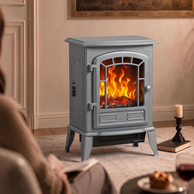 Electric Fireplace Stove, 1000W/2000W, Freestanding Electric Fire with LED Flame Effect, Adjustable Thermostat, Grey