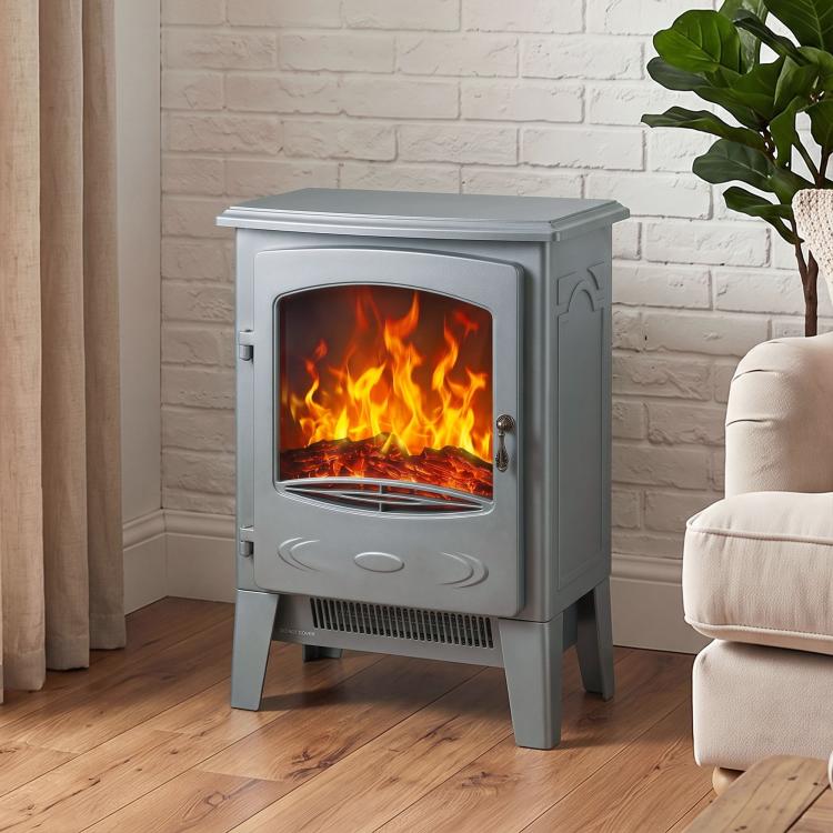 Electric Fireplace, Freestanding Electric Fire with Realistic Flame Effect, Log Burner, 1000W/ 2000W, Grey