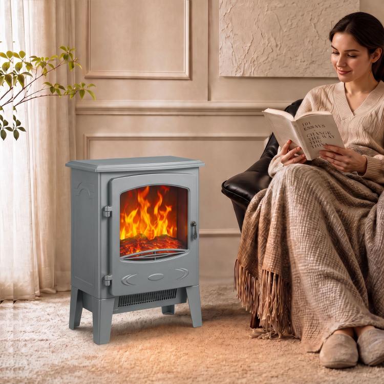 Electric Fireplace, Freestanding Electric Fire with Realistic Flame Effect, Log Burner, 1000W/ 2000W, Grey