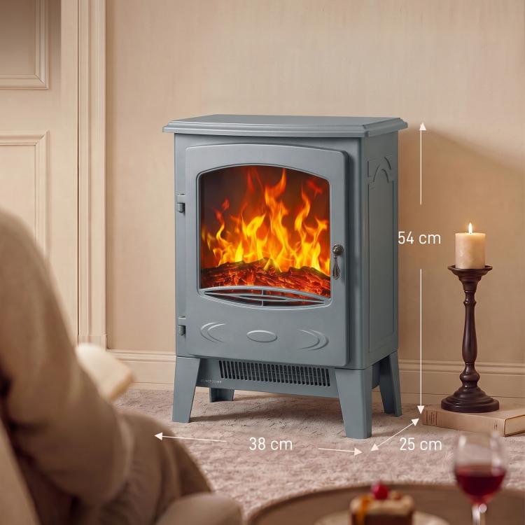Electric Fireplace, Freestanding Electric Fire with Realistic Flame Effect, Log Burner, 1000W/ 2000W, Grey