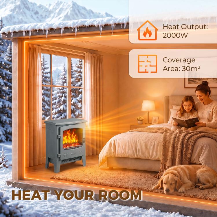 Electric Fireplace, Freestanding Electric Fire with Realistic Flame Effect, Log Burner, 1000W/ 2000W, Grey