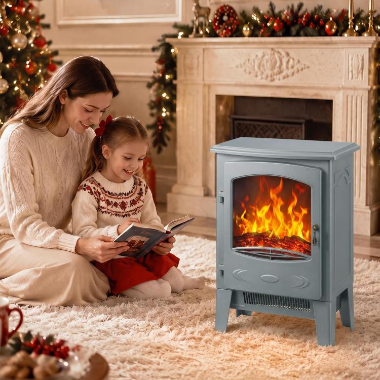 Electric Fireplace, Freestanding Electric Fire with Realistic Flame Effect, Log Burner, 1000W/ 2000W, Grey