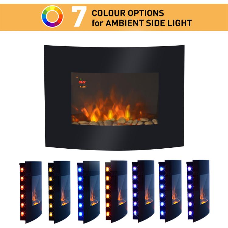 Led Wall Mounted Fireplace Curved Glass Electric Fire Place Fire Place 7 Colour Side Lights Slimline, 900/1800W, 65cm x 52cm