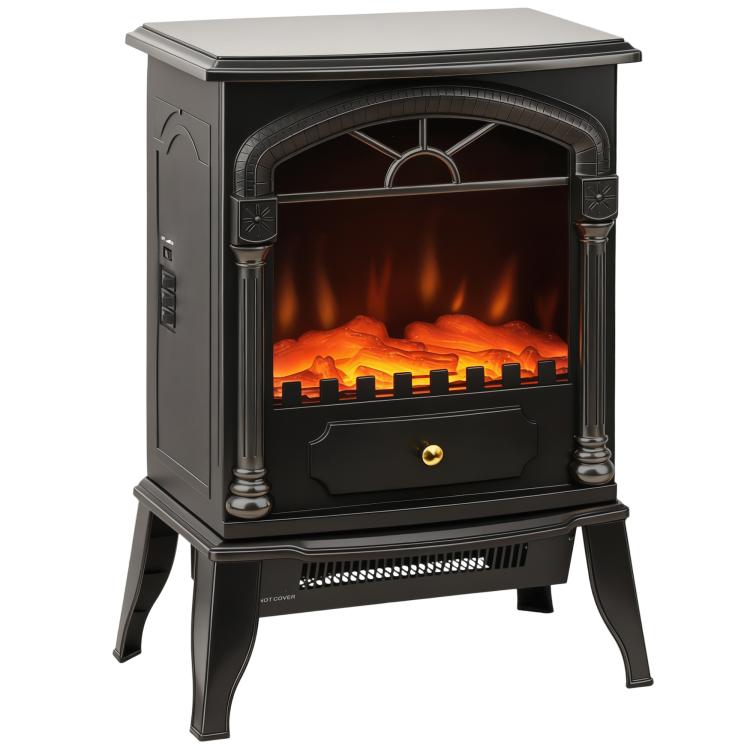 Electric Fireplace Stove Heater with 3D Flame Effect, 2000W/1000W, Freestanding Portable Fireplace with Adjustable Thermostat, 2 Heat Settings for Living Room, Black