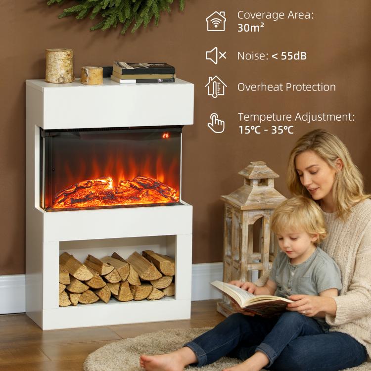 19 inch Electric Fireplace with Surround, 3D Flame Effect, 6 Colours & 3 Brightness Levels, 1000W/2000W White Electric Fire and Mantel Reach up to 30㎡ Space with Remote & Timer, 3 Sided View