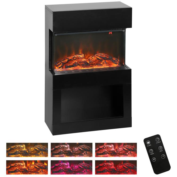 19 inch Electric Fireplace with Surround, 3D Flame Effect, 6 Colours & 3 Brightness Levels, 1000W/2000W Black Electric Fire and Mantel Reach up to 30㎡ Space with Remote & Timer, 3 Sided View