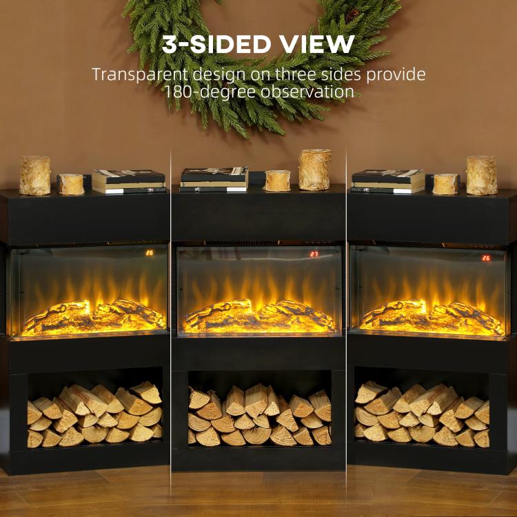 19 inch Electric Fireplace with Surround, 3D Flame Effect, 6 Colours & 3 Brightness Levels, 1000W/2000W Black Electric Fire and Mantel Reach up to 30㎡ Space with Remote & Timer, 3 Sided View