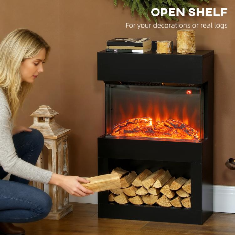 19 inch Electric Fireplace with Surround, 3D Flame Effect, 6 Colours & 3 Brightness Levels, 1000W/2000W Black Electric Fire and Mantel Reach up to 30㎡ Space with Remote & Timer, 3 Sided View