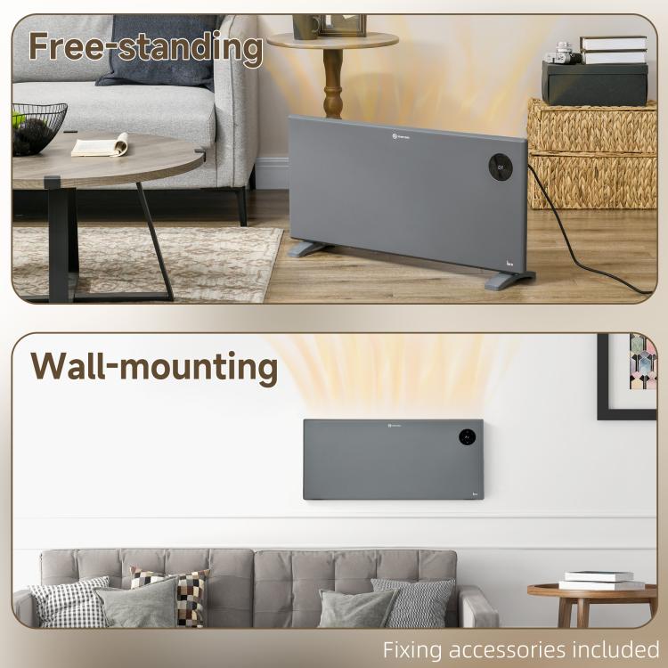 2000W Electric Convector Heater, Freestanding or Wall Mounted, Space Heater with Adjustable Thermostat, Timer, Grey