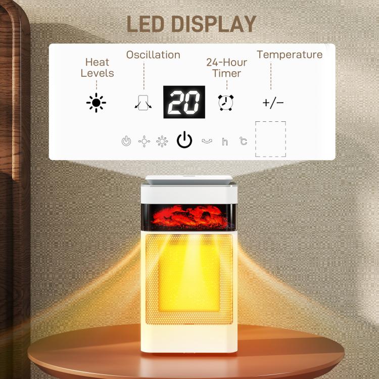Ceramic Electric Heater, 1500W Fan Space Heater with 3 Modes, 24H Timer, Flame Effect, Oscillation for Bedroom, White