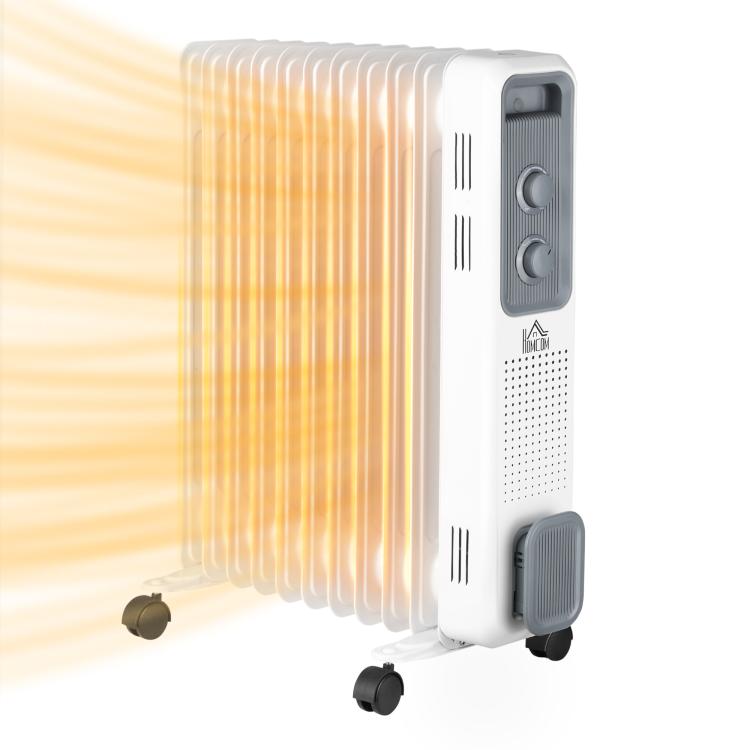 2500W Oil Filled Radiator, 11 Fin, Portable Electric Heater with 3 Heat Settings, Safety Cut-Off and Wheels, White