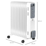 2500W Oil Filled Radiator, 11 Fin, Portable Electric Heater with 3 Heat Settings, Safety Cut-Off and Wheels, White