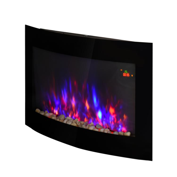 Wall-Mounted Electric Fireplace with Colored Flame Effect and Remote Control, 1800W Electric Fireplace with Adjustable Temperature, Thermostat, Timer, and Overheat Protection, Black