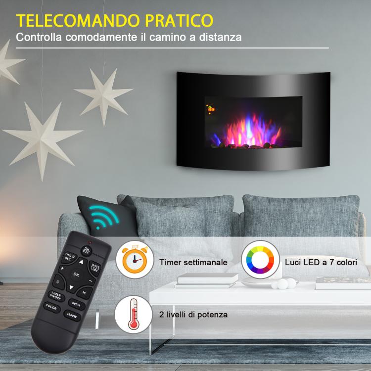 Wall-Mounted Electric Fireplace with Colored Flame Effect and Remote Control, 1800W Electric Fireplace with Adjustable Temperature, Thermostat, Timer, and Overheat Protection, Black