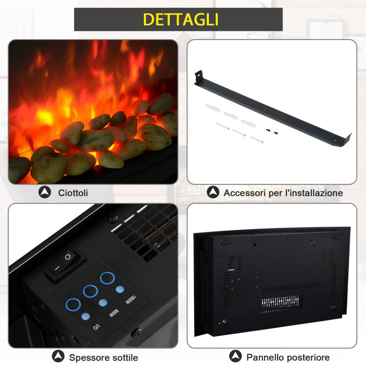 Wall-Mounted Electric Fireplace with Colored Flame Effect and Remote Control, 1800W Electric Fireplace with Adjustable Temperature, Thermostat, Timer, and Overheat Protection, Black