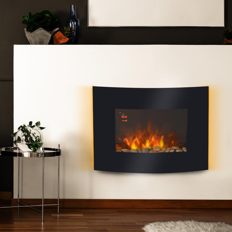 Wall-Mounted Electric Fireplace with 2 Heat Settings (900–1800W), 7-Color Adjustable Flame, and Remote Control – Black