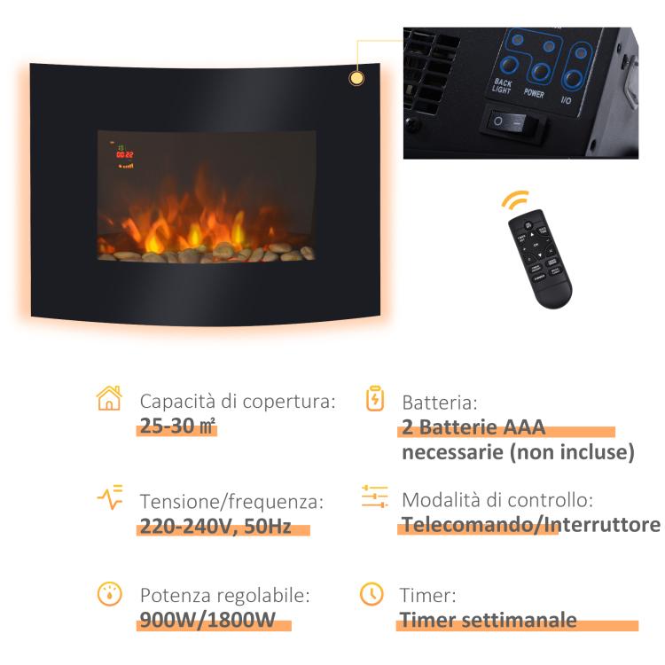 Wall-Mounted Electric Fireplace with 2 Heat Settings (900–1800W), 7-Color Adjustable Flame, and Remote Control – Black