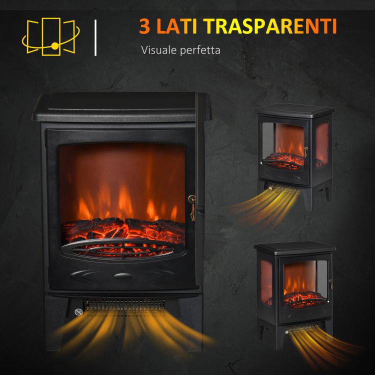 Camino elettrico con effetto fiamma e visione su 3 lati, temperatura regolabile (900W-1800W), protezione contro il surriscaldamento, copertura 20-25 m², 39x26x54,8 cm, nero
